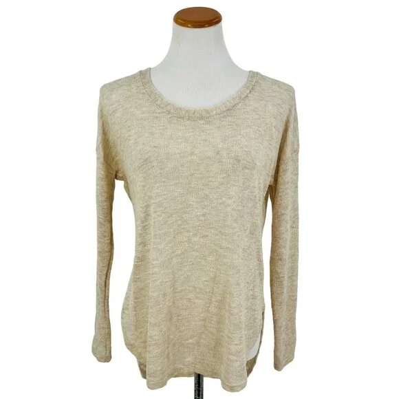Lush Beige Long Sleeve Lightweight V-Back Knit Sweater Top - Picture 2 of 12
